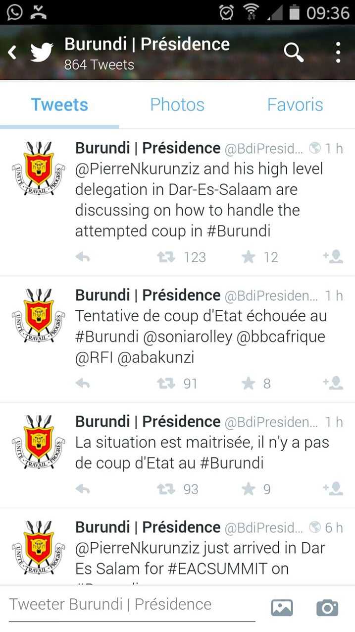 Perezidansi y'u Burundi yahakanye ko Perezida Nkurunziza yahiritswe ku butegetsi.