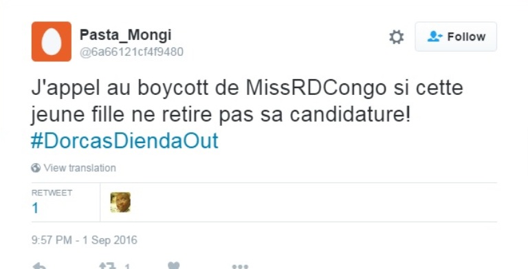 Uyu nawe yanditse ku rubuga rwa Twitter asaba ko Dorcas yakurwa muri Miss RD Congo