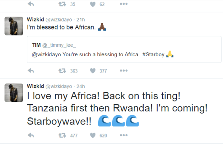 Ku rukuta rwe rwa Twitter, Wizkid yanditse ko azaza mu Rwanda nyuma yo kunyura muri Tanzania.