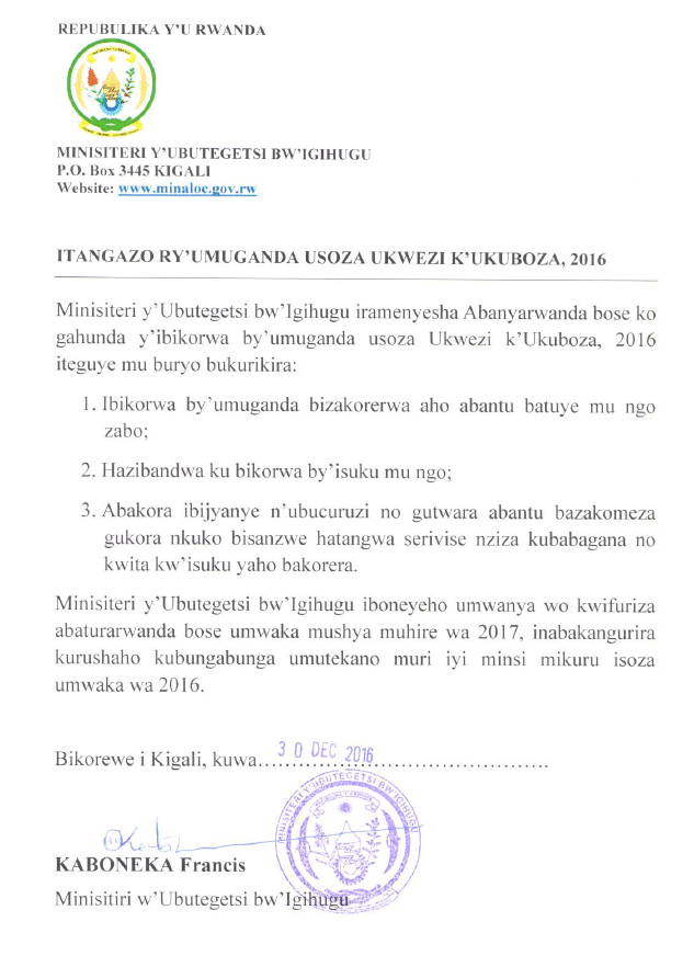 Itangazo ry'Umuganda usoza ukwezi k'ukuboza 2016
