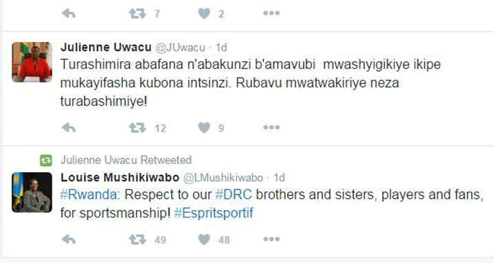 Minisitiri Uwacu Julienne na we yashimiye abafana b'Amavubi n'Abanyarubavu uburyo bitwaye neza mu gushyigikira ikipe y'u Rwanda.
