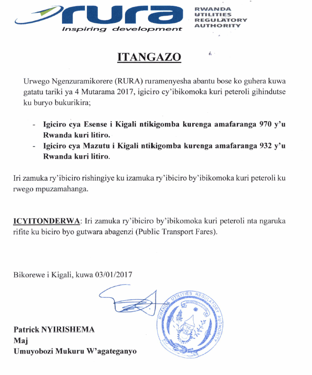 Iri tangazo ryashyizweho umukono na Maj Nyirishema Patrick uyobora RURA