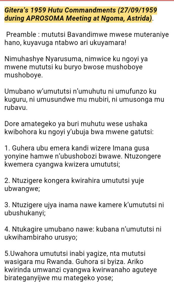 Amwe mu mategeko 10 y'Abahutu yanditswe na Gitera