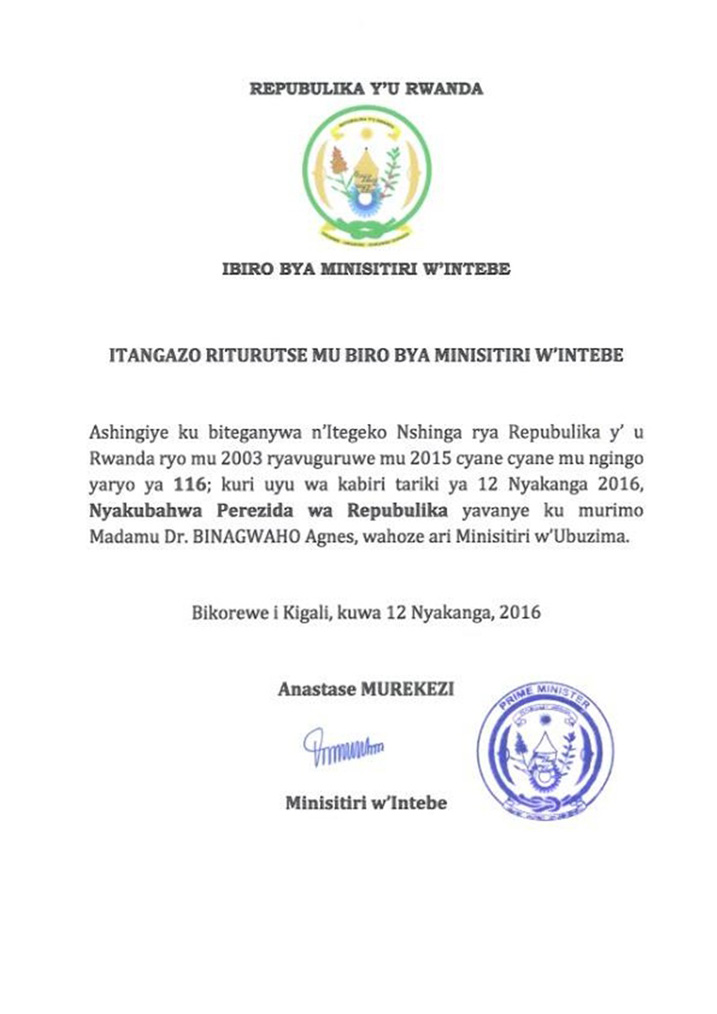Itangazo ryaturutse mu biro bya Minisitiri w'intebe