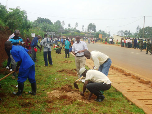 Abaturage bari benshi mu muganda wo gutera igiti ku muhanda wo mu karere ka Nyamasheke.
