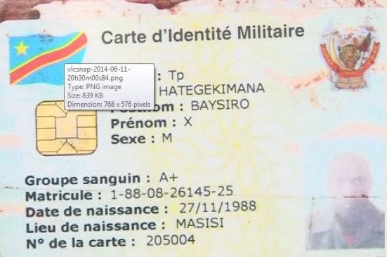 Ikarita y'akazi y'umusirikare wa Kongo warasiwe mu Rwanda mu gitero yari yagabye.
