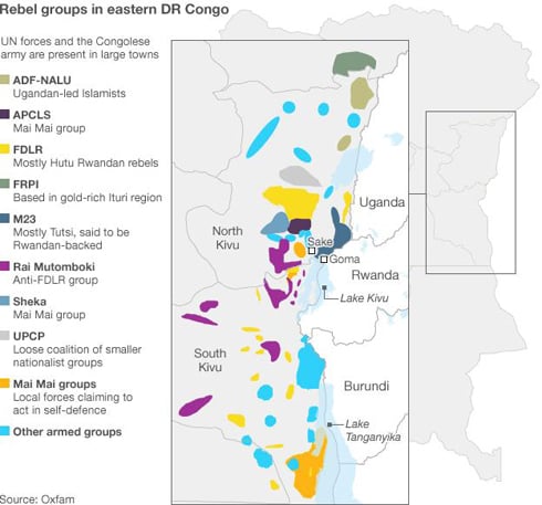 Ikarita igaragaza imitwe yitwaza intwaro ikorera mu burasirazuba bwa Congo. 