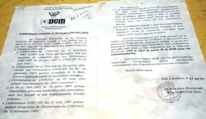 Itangazo risaba abanyamahanga bajya Bukavu gutanga amafaranga ya Visa