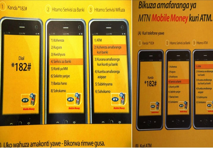 Uburyo umuntu akanda telephone ye, akabitsa cyangwa akabikuza amafaranga muri banki, akoresheje mobile money.