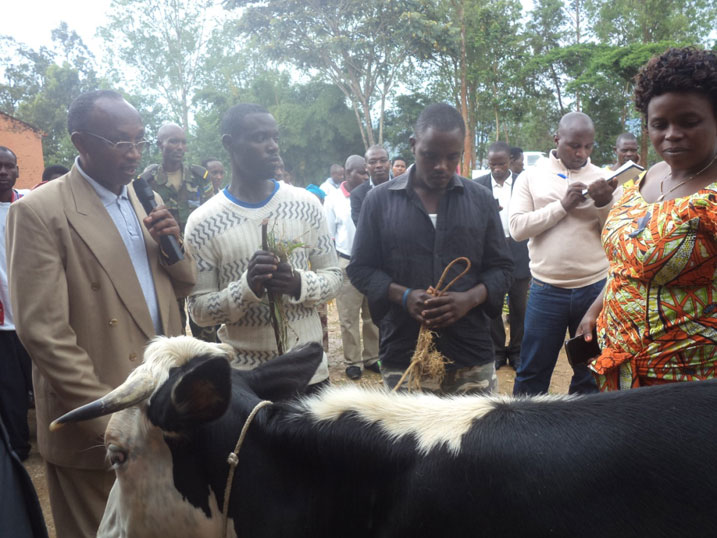 Umuryango w'umwe mu baguye mu bitaro bya Muhororo wahawe inka (hagati) wishimiye icyo gikorwa.