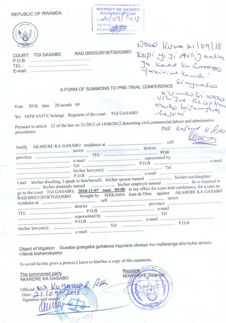 Ibaruwa ihamagaza akarere ka `gasabo mu rukiko
