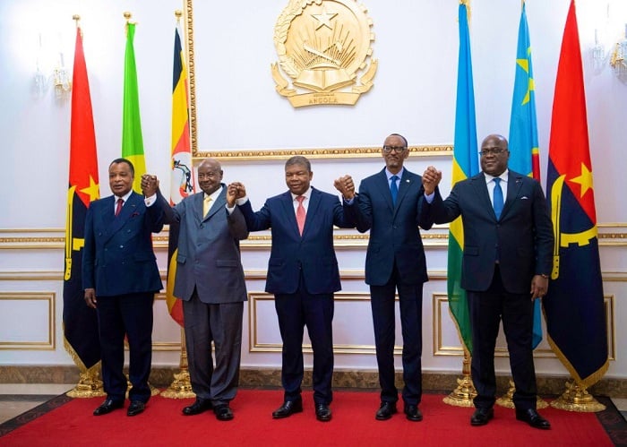Uhereye ibumoso: Perezida Sassou Nguesso wa Congo Brazzaville, Perezida Museveni wa Uganda, Perezida João Lourenço wa Angola, Perezida Kagame w