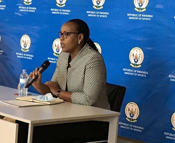 Minisitiri wa Siporo Munyangaju Aurore Mimosas, mu kiganiro n'itangazamakuru kuri uyu munsi