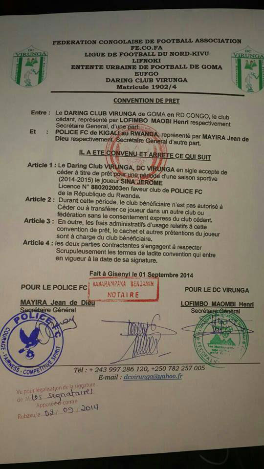 Muri aya masezerano yagiranye na Darling Club Virunga, Police FC ntiyemerewe kugurisha umukinnyi Sina Jerome.