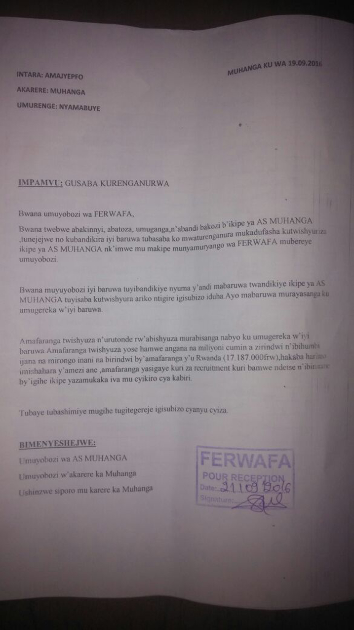 Ibaruwa bandikiye Ferwafa basaba kurenganurwa