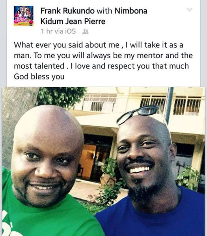 Kuri iyi foto igishishikaje n'amagambo ya Frank Joe avuga ko ababajwe n'ibyabaye kandi ko azakomeza kuba Kidumu nk'uko yamwubahaga.