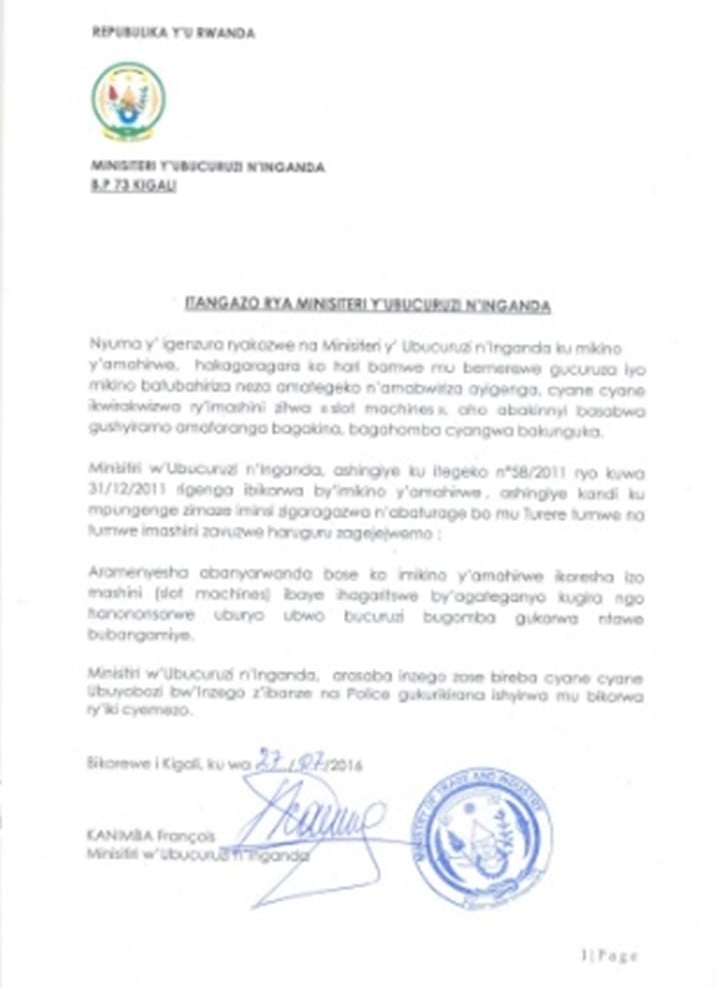 Itangazo ryashyizwe ahagaragara na MINICOM.