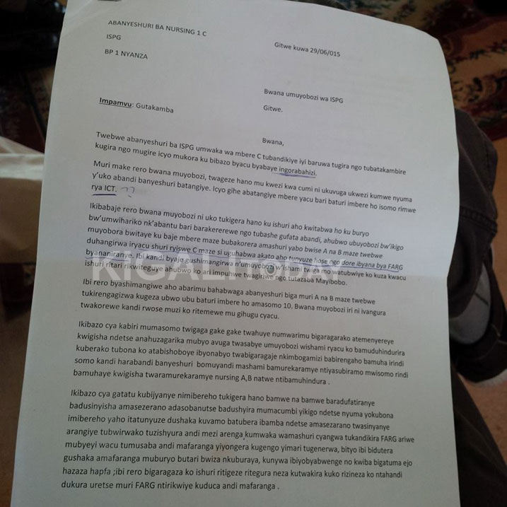 Kopi y'ibaruwa bandikiye ubuyobozi. Paji iriho amazina y'abayanditse ariko twirinze kuyigaragaza ku mpamvu z'umutekano wabo.