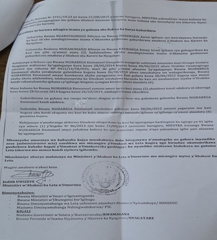 Ibaruwa MIFOTRA yandikiye Akarere ka Nyagatare igasaba guhemba Ngirabega kuva agisubira mu kazi.