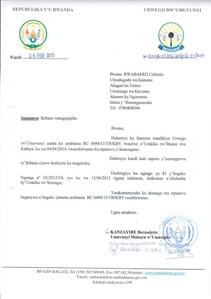 Ibaruwa Urwego rw'Umuvunyi rwanditse.