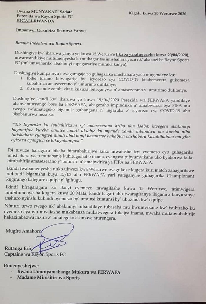 Ibaruwa abakinnyi bandikiye ubuyobozi bwa Rayon Sports