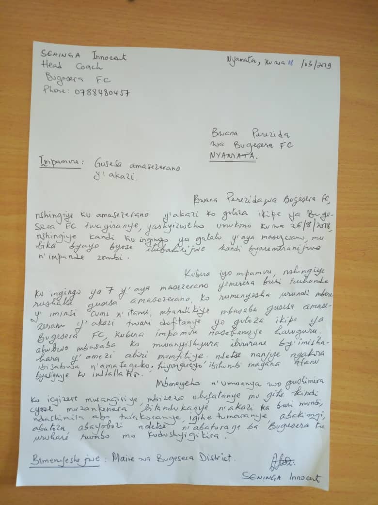 Ibaruwa Seninga yanditse asezera