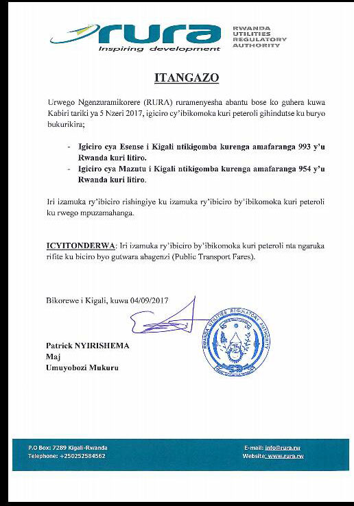 Itangaza rigaragaza izamuka ry'ibiciro by'ibikomoka kuri Peteroli 