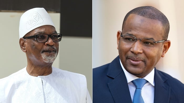 Ibrahim Boubacar Keita (wambaye ingofero) na Minisitiri w'Intebe Boubou Cissé biravugwa ko batawe muri yombi