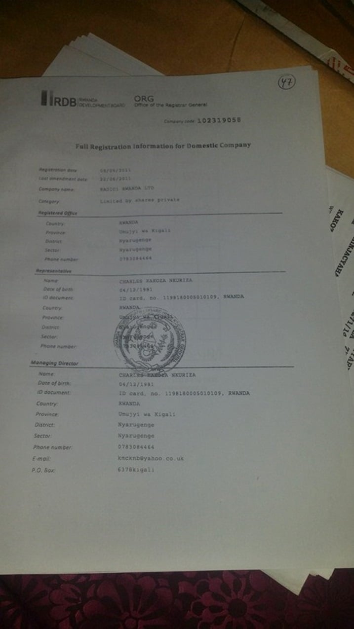 icyangombwa kigaragaza ko KNC iriwe washinze Radio 1 Rwanda LTD.