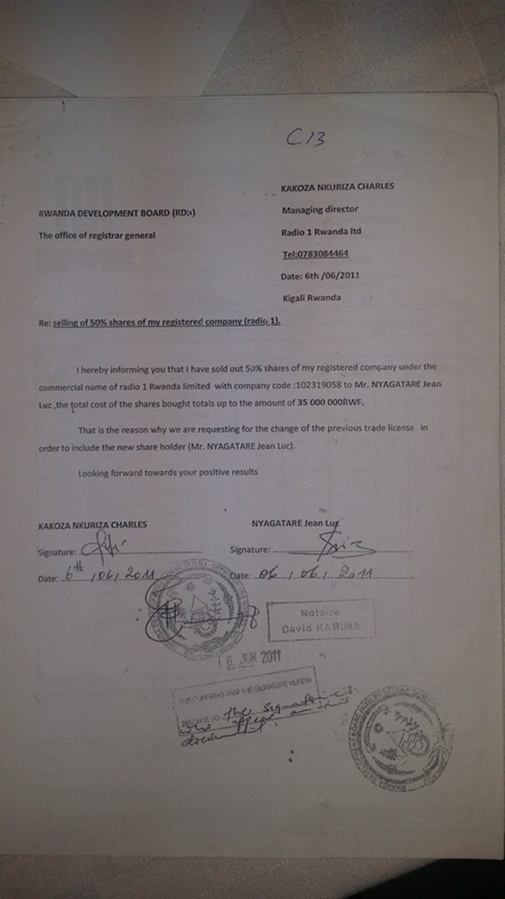 Icyangombwa kigaragaza ko Nyagatare abaye umunyamigabane wa Radio 1 Rwanda LTD.