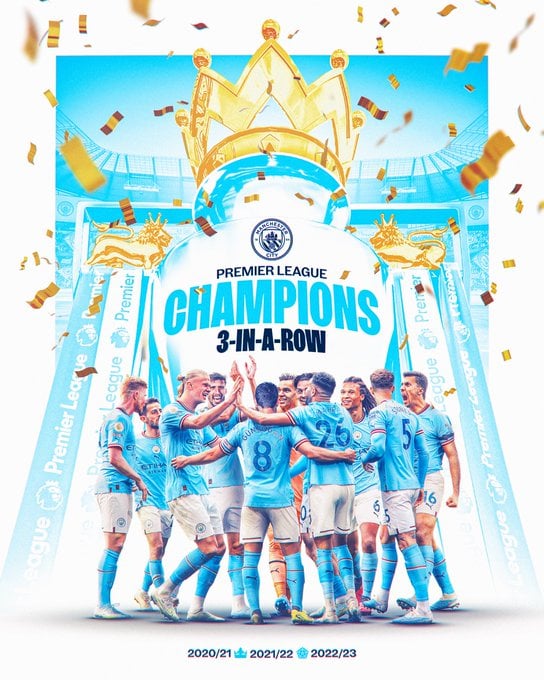 Ni igikombe cya gatatu cya shampiyona Manchester City itwaye yikurikiranya