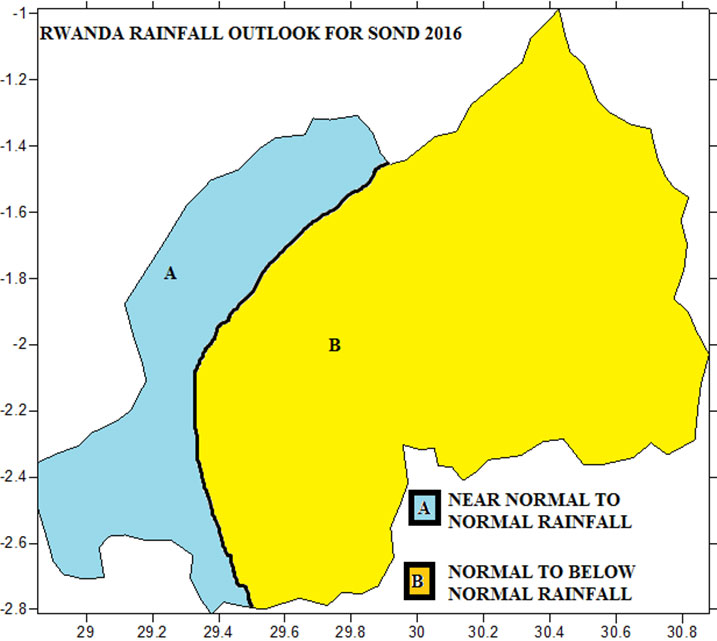 Ikarita yerekana uko imvura izagwa mu Muhindo wa 2016. Ibara ry