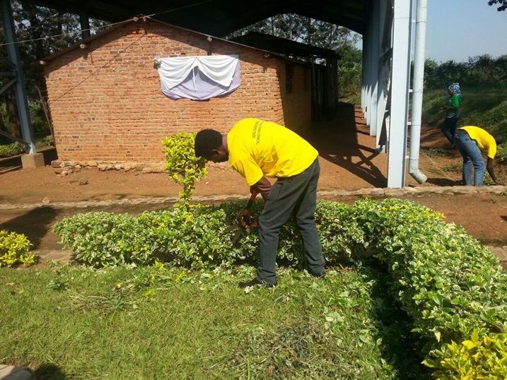 Urubyiruko rwigabanyije imirimo bamwe bakubura mu gihe abandi batunganya ubusitani bw'urwibutso.