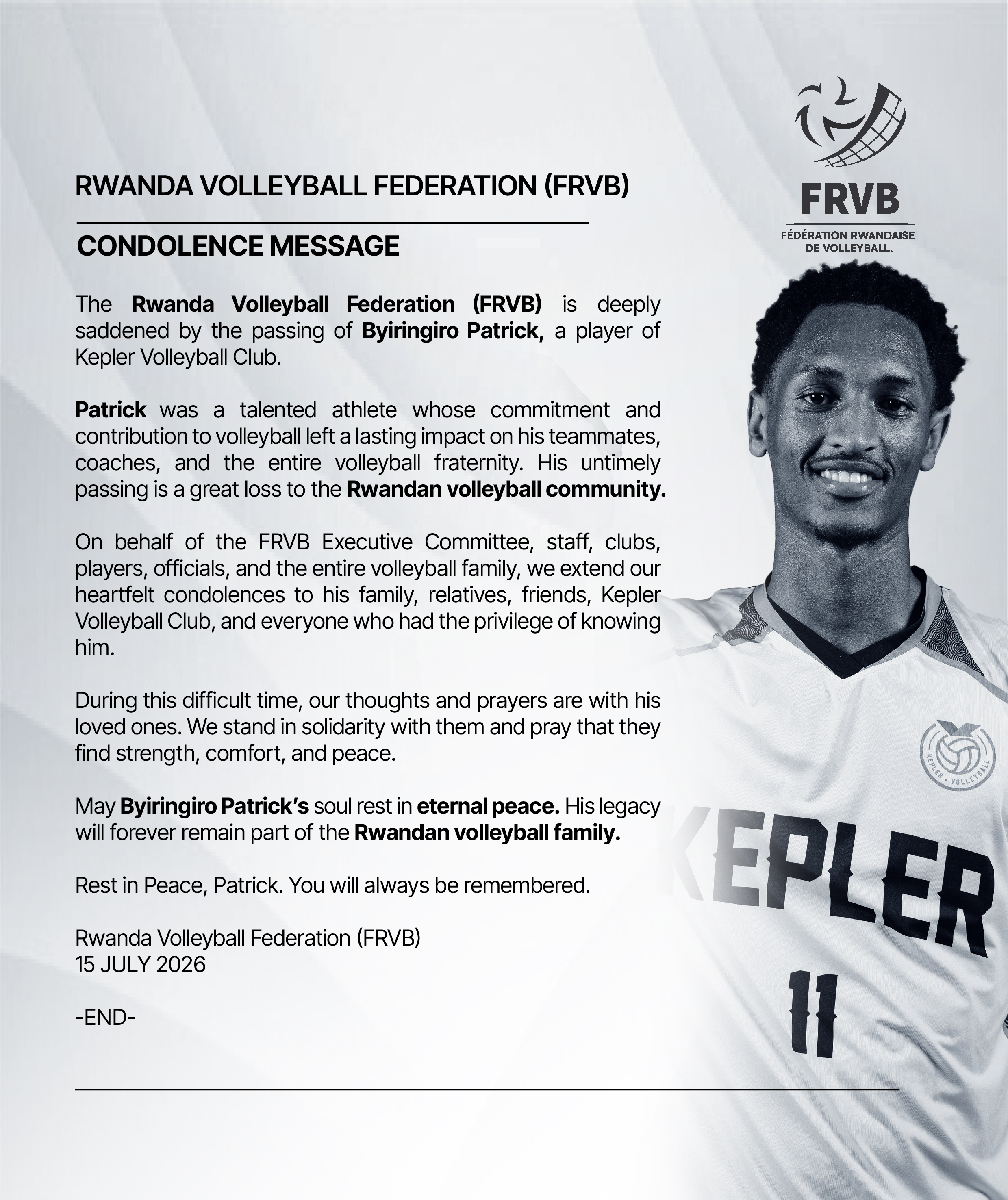 Ishyirahamwe ry'umukino wa volleyball mu Rwanda ryatanze ubutumwa bwo kwihanganisha 