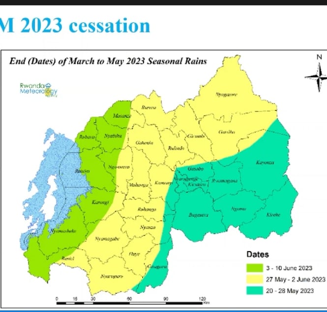 Ikarita igaragaza igihe imvura izacikira, ibice by'Iburasirazuba, Umujyi wa Kigali n'Amayaga hakaba ari ho izacika mbere