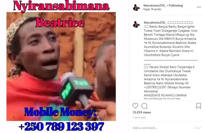 Ubu ni bwo butumwa uwitwa The Cat Vevo 250 yanyujije kuri Instagram busaba abantu guha ubufasha Nyiransabimana