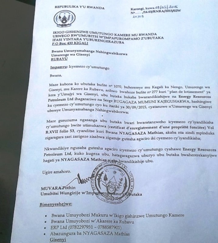 Inyandiko y'imitungo bahawe.