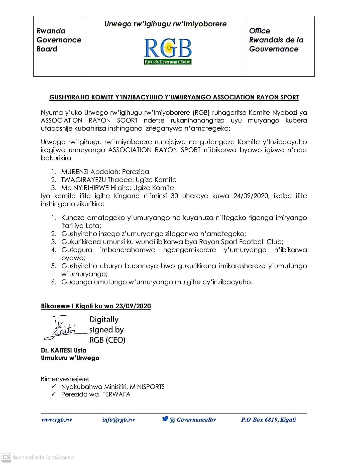 Abagize inzibacyuho ya Rayon Sports ndetse n'inshingano bahawe