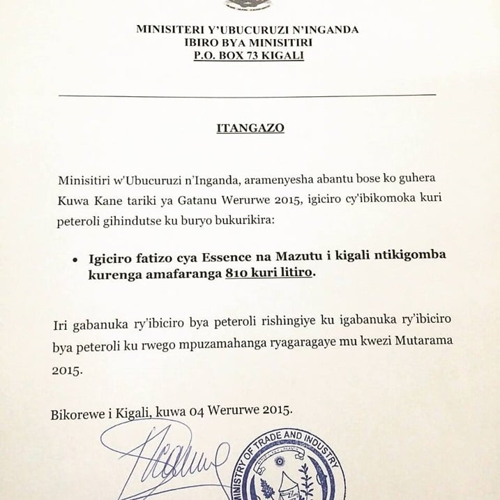 Itangazo ryashyizwe ahagaragara na Minisitiri w