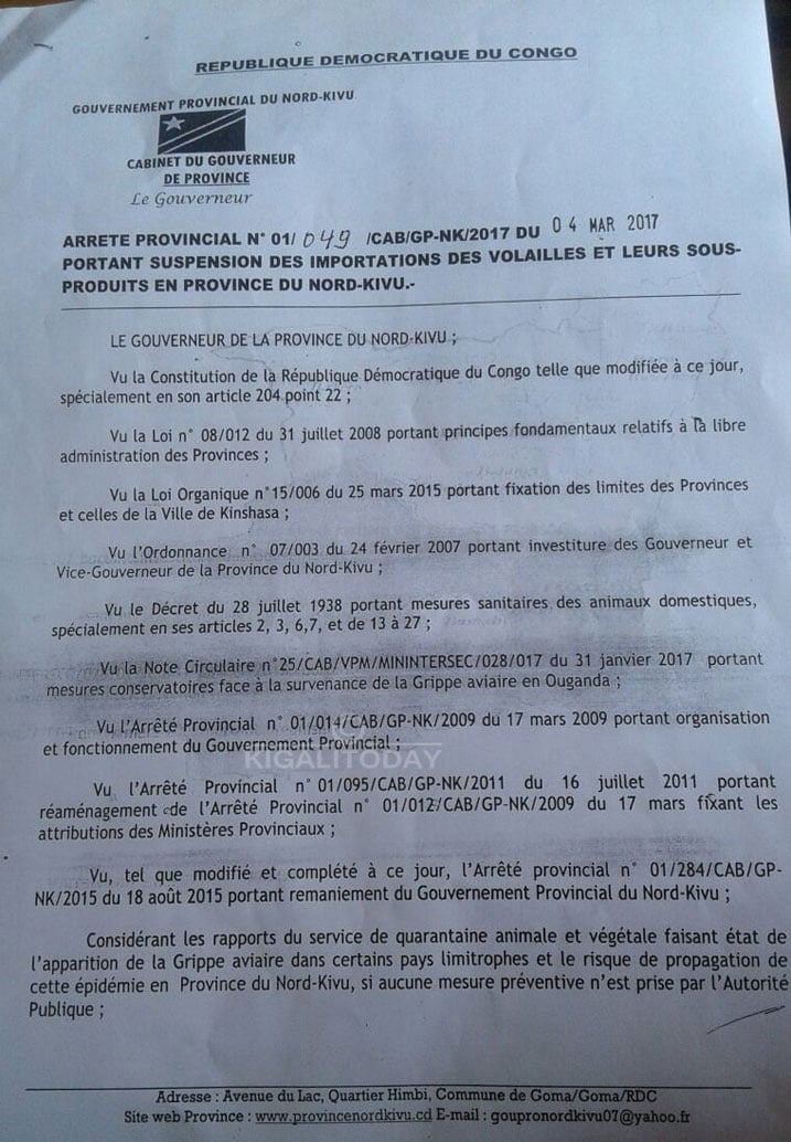 Hasohowe itangazo rikumira ubucuruzi bw'inkoko zivuye mu Rwanda zijya Congo