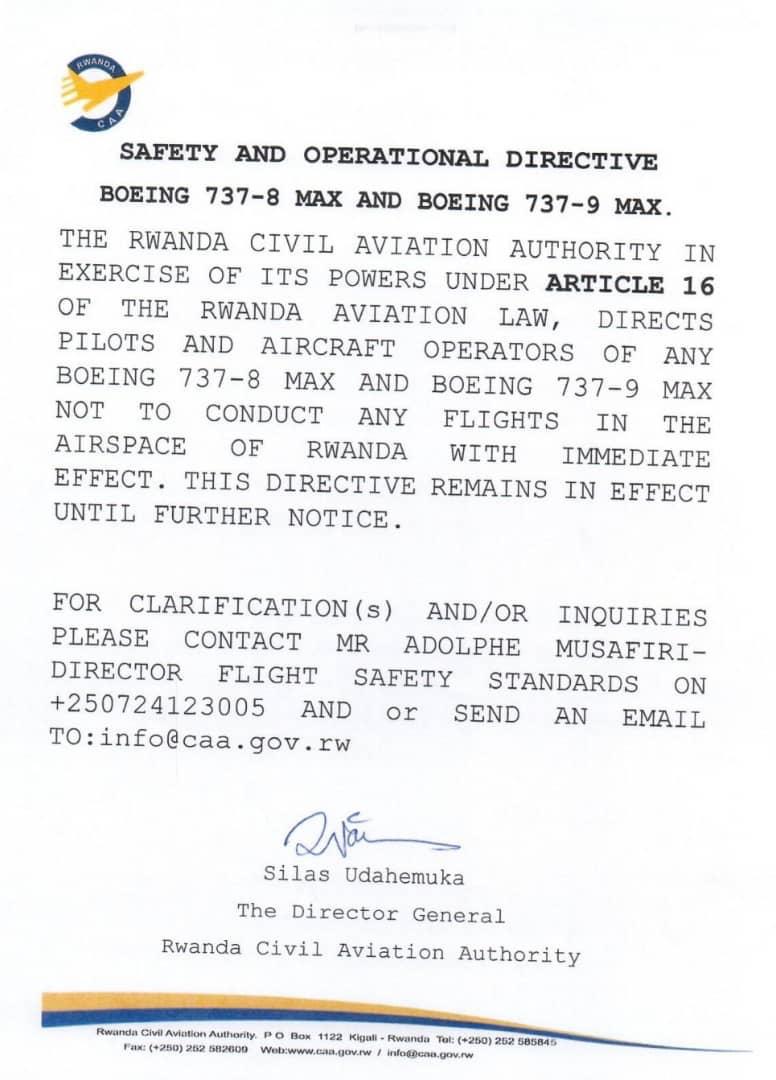 Itangazo ryashyizwe ahagaragara rikumira ingendo za Boeing 737 Max mu kirere cy'u Rwanda