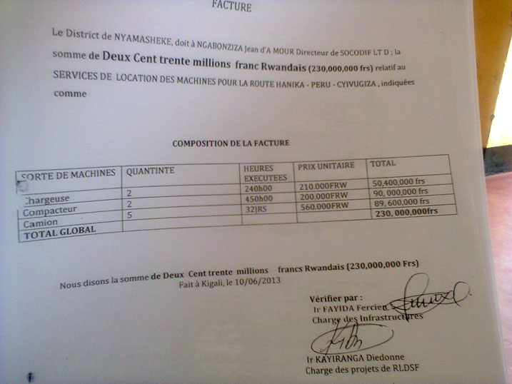 Facture Rwiyemezamirimo yishyurijeho igaragaza ko amakamyo yakodeshwaga ibihumbi 560 ku munsi aho kuba ku isaha.