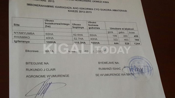 Iyi raporo yoherejwe muri Gashyantare 2013 yasinyweho na Rumanzi kandi igaragaza ko hakozwe amaterasi kuri hegitari 100.