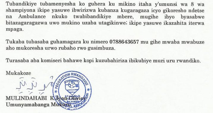 Iyi baruwa ya FERWAFA niyo ntandaro yo kudakinirwa igihe k