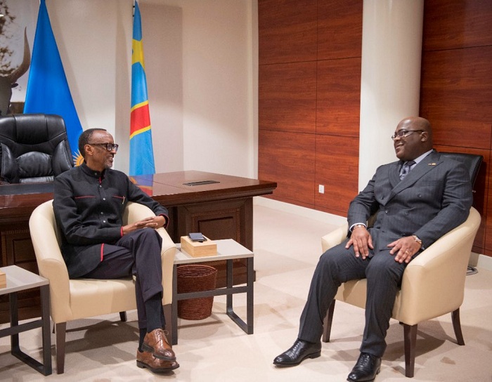 Perezida Kagame aha yari yakiriye mu biro bye Perezida Félix Antoine Tshisekedi wa Repubulika Iharanira Demokarasi ya Congo tariki 21 Gashyantare 2020