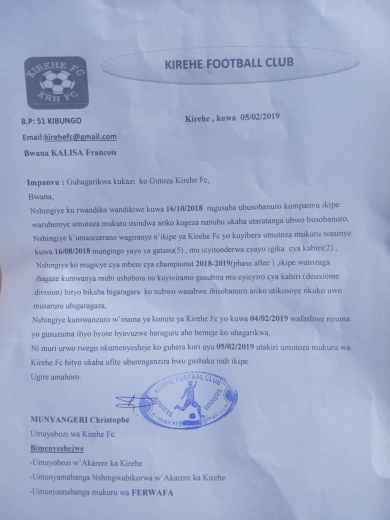 Ibaruwa isezerera Kalisa Francois