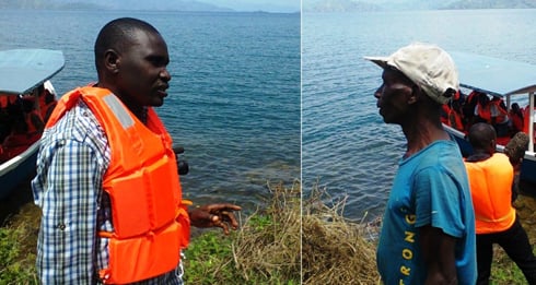 Umuyobozi w'akarere wungirije ushinzwe imari n'ubukungu Hakizimana Sebastien (ibumoso), aganira n'umuturage waguwe gitumo ahinga ku nkombe z'i Kivu. 