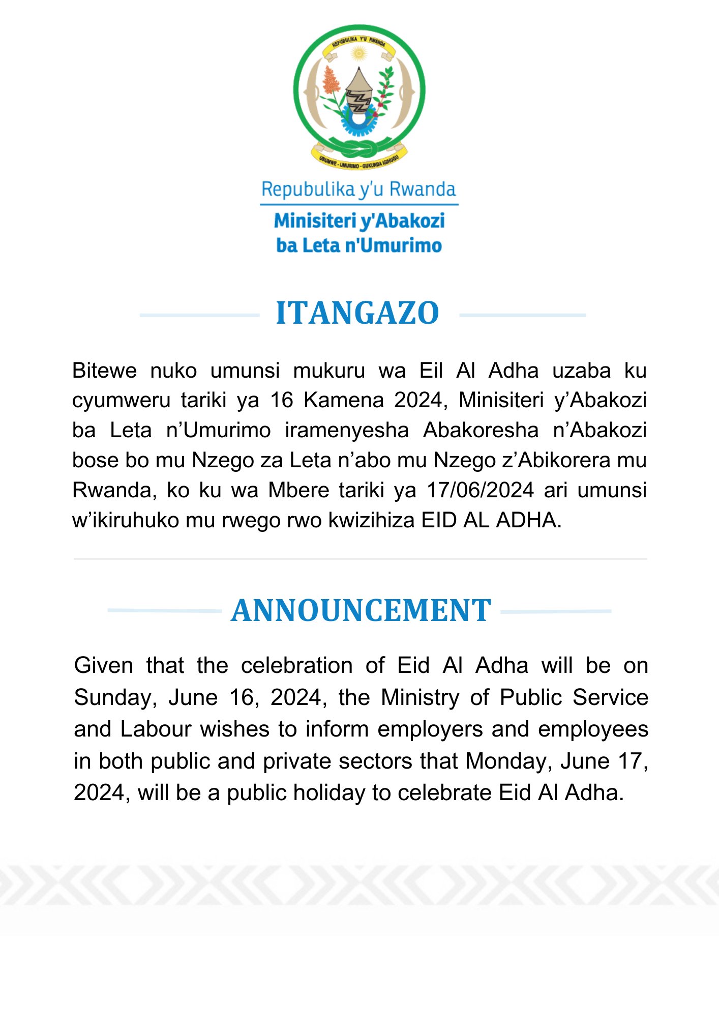 kuwa mbere ni umunsi w'Ikiruhuko kubera umunsi mukuru wa EID AL ADHA