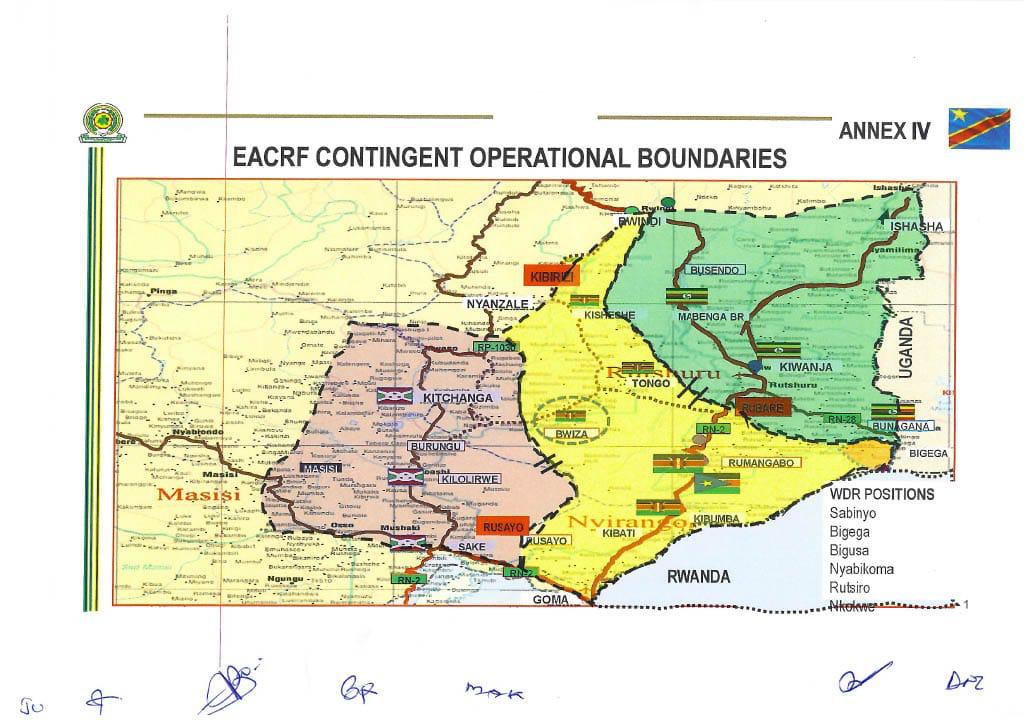 Ikarita igaragaza ibice ingabo za EAC zakoreragamo mu Burasirazuba bwa RDC