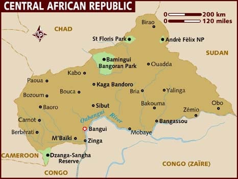 Ikarita igaragaza imijyi itandukanye ya Santarafurika